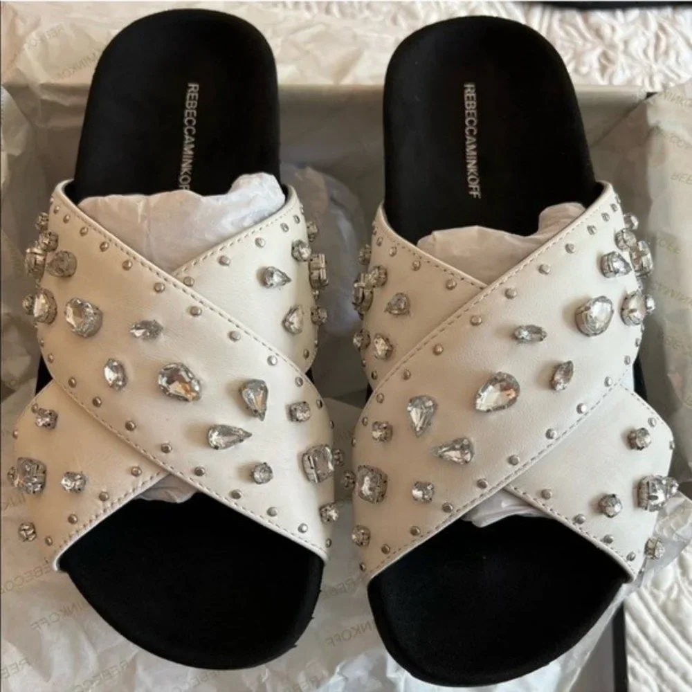 Rebecca Minkoff White Theo Jeweled Leather Slide Sandals - Picture 4 of 6